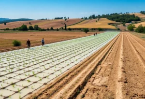 Farmers irrigating arid fields in Hungary using thermal spa water