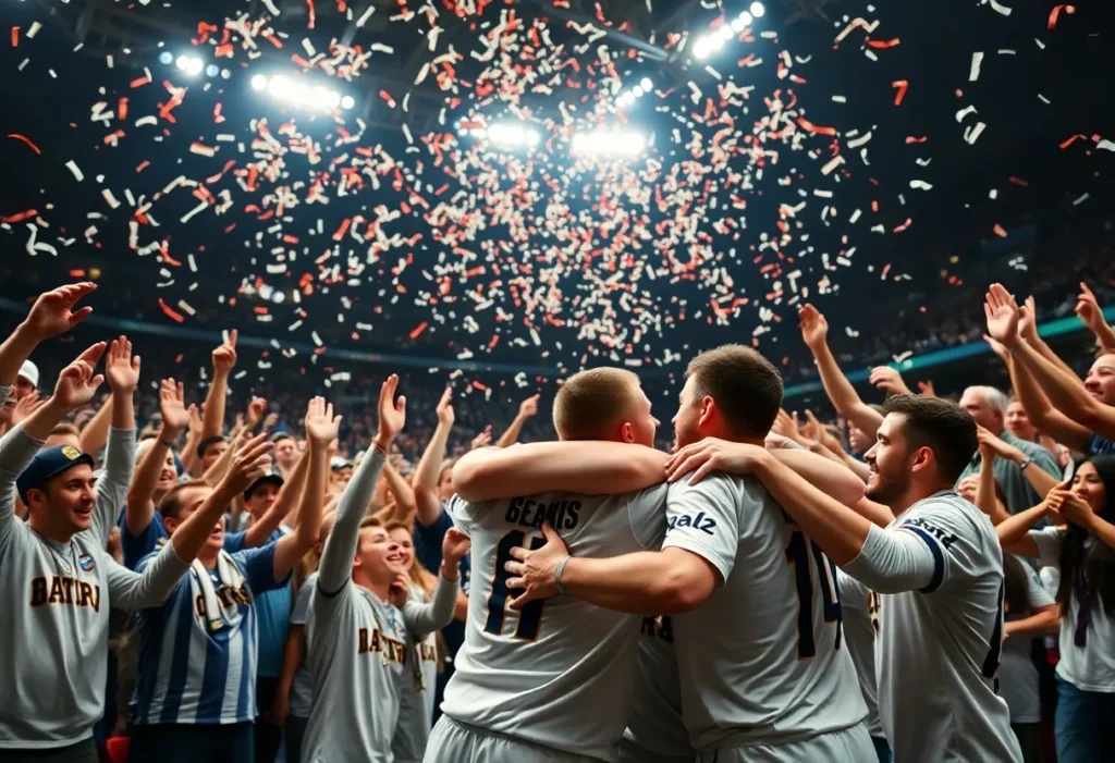 Fans celebrating Inter Miami's MLS Cup win with confetti in the stadium.