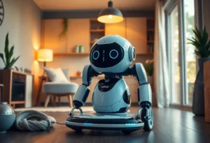 Illustration of a robot vacuum cleaner in a modern home.