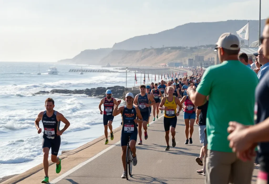 Participants competing in the IRONMAN Jacksonville triathlon along the Atlantic coast.