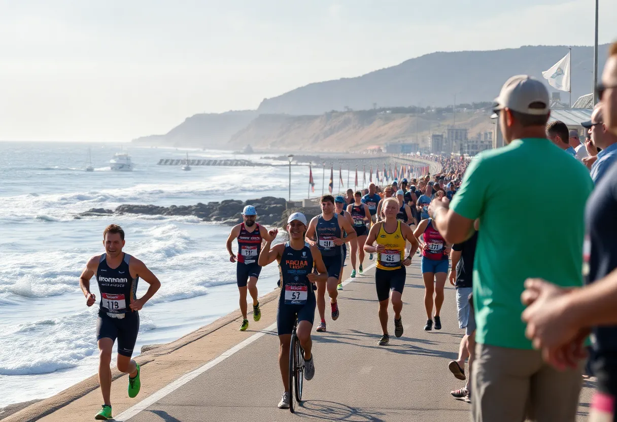 Participants competing in the IRONMAN Jacksonville triathlon along the Atlantic coast.