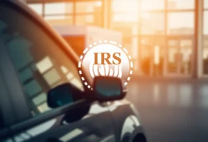 Vehicle representing business transportation costs in front of an IRS logo