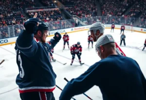 Hockey players on the ice celebrating a teammate's return from injury