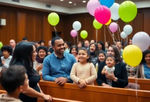 Families celebrating the adoption of children in a courtroom