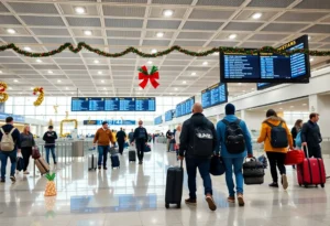 Crowded airport terminal at Jacksonville International Airport during post-Thanksgiving travel.
