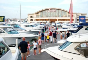 The Jacksonville Boat Show featuring boats and families enjoying the event.