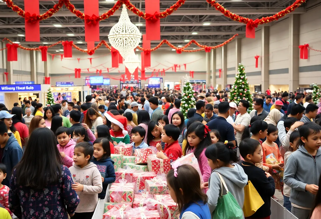 Families attending the Children's Christmas Party in Jacksonville with children receiving gifts.
