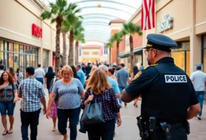 People at Paxon Shopping Center with police presence in background.