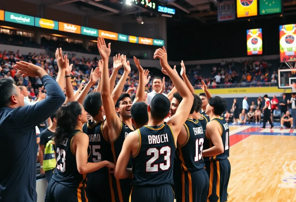 Celebration of Jacksonville Dolphins basketball team after a victory