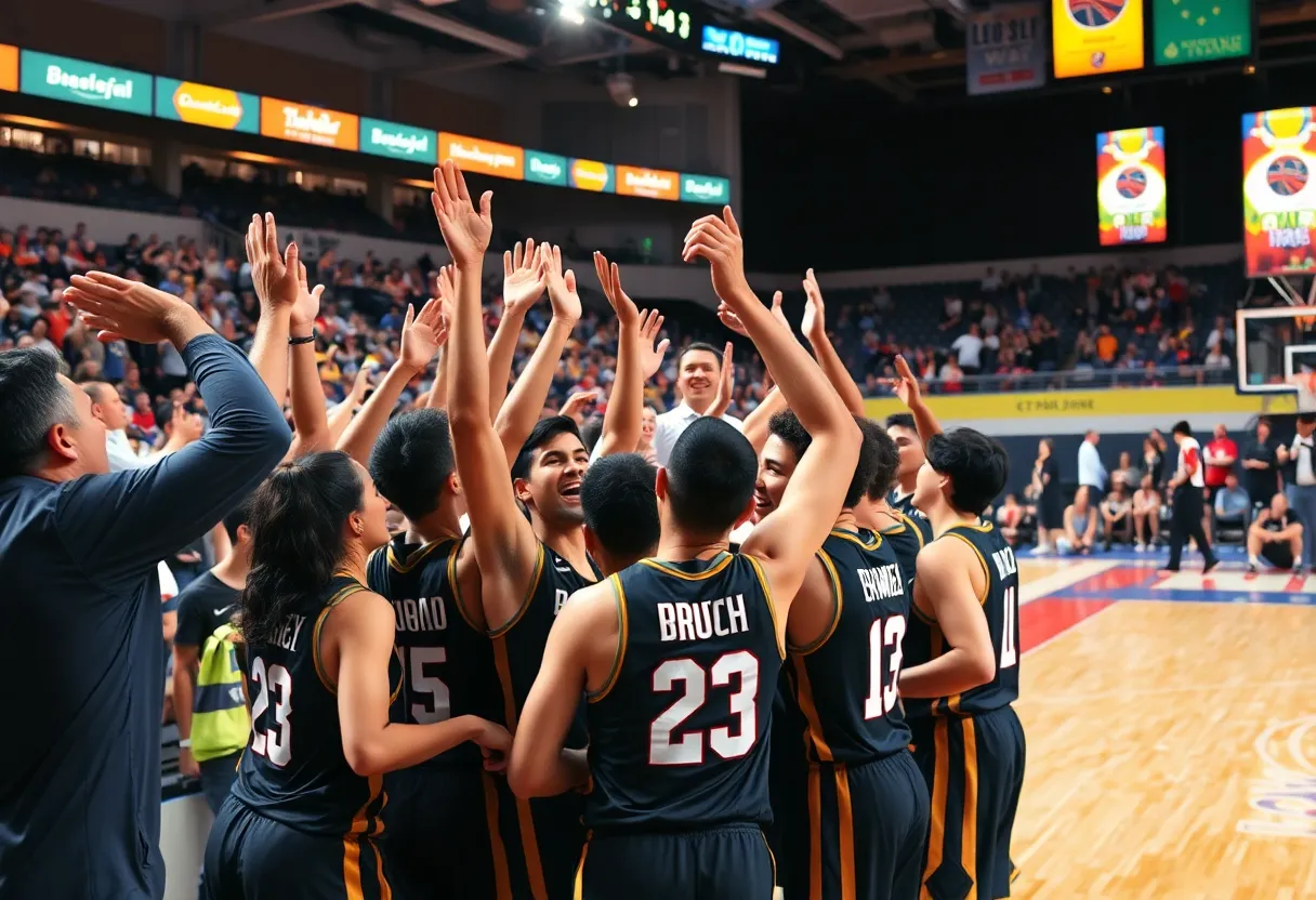 Celebration of Jacksonville Dolphins basketball team after a victory