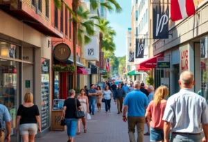 A busy Jacksonville street representing economic growth with local business activity.