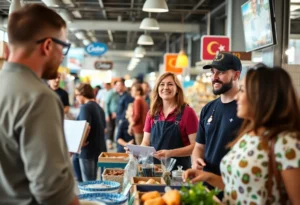 Local entrepreneurs in Jacksonville engaging with customers at a market.