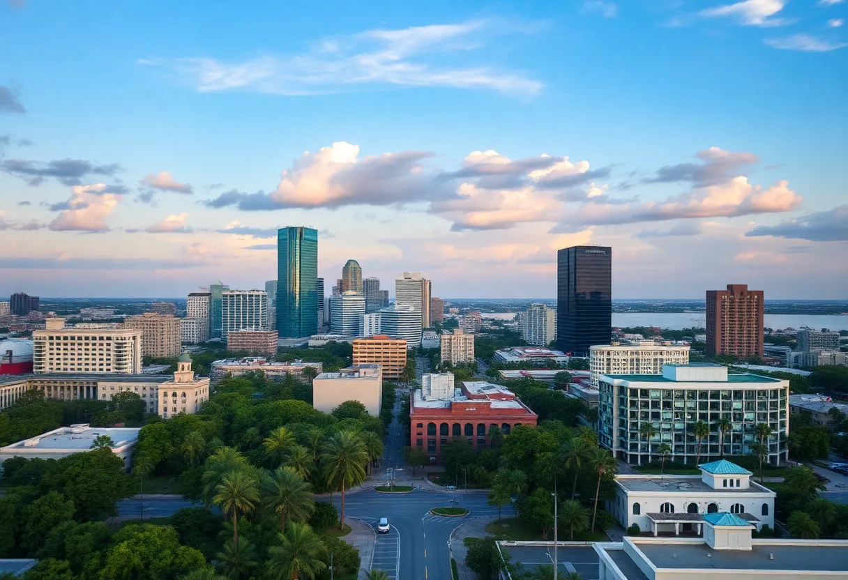 Scenic view of Jacksonville, Florida skyline with financial planning elements.
