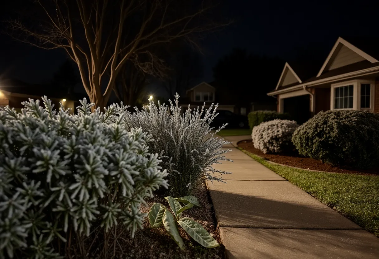 Frost-covered plants in Jacksonville during a freeze warning.