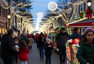 Community members enjoying festive events in Jacksonville, Illinois during the holiday season