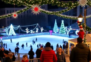Festive holiday decorations in Jacksonville with families enjoying events.