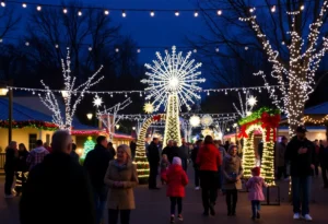 Festive scene of Jacksonville's holiday events with lights and families