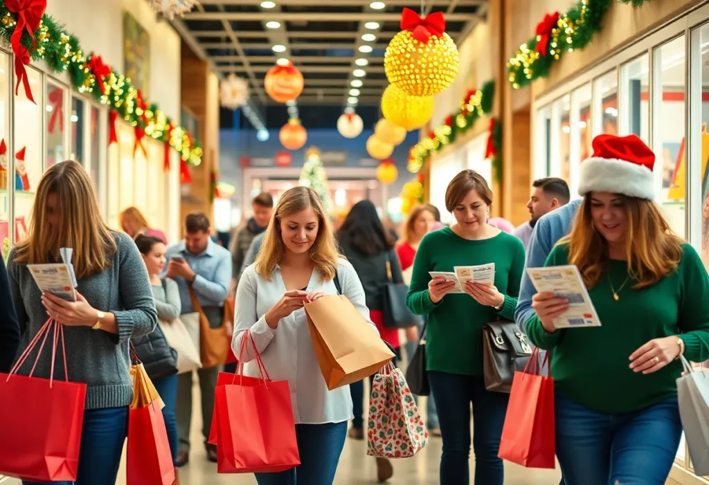 Holiday shopping scene in Jacksonville with shoppers and stores decorated for the season.