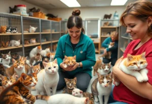 Shelter volunteers caring for cats at Jacksonville Humane Society