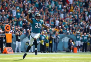 Jaguars player celebrating on the field after scoring a touchdown