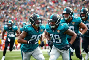 Jacksonville Jaguars players in action during a football game