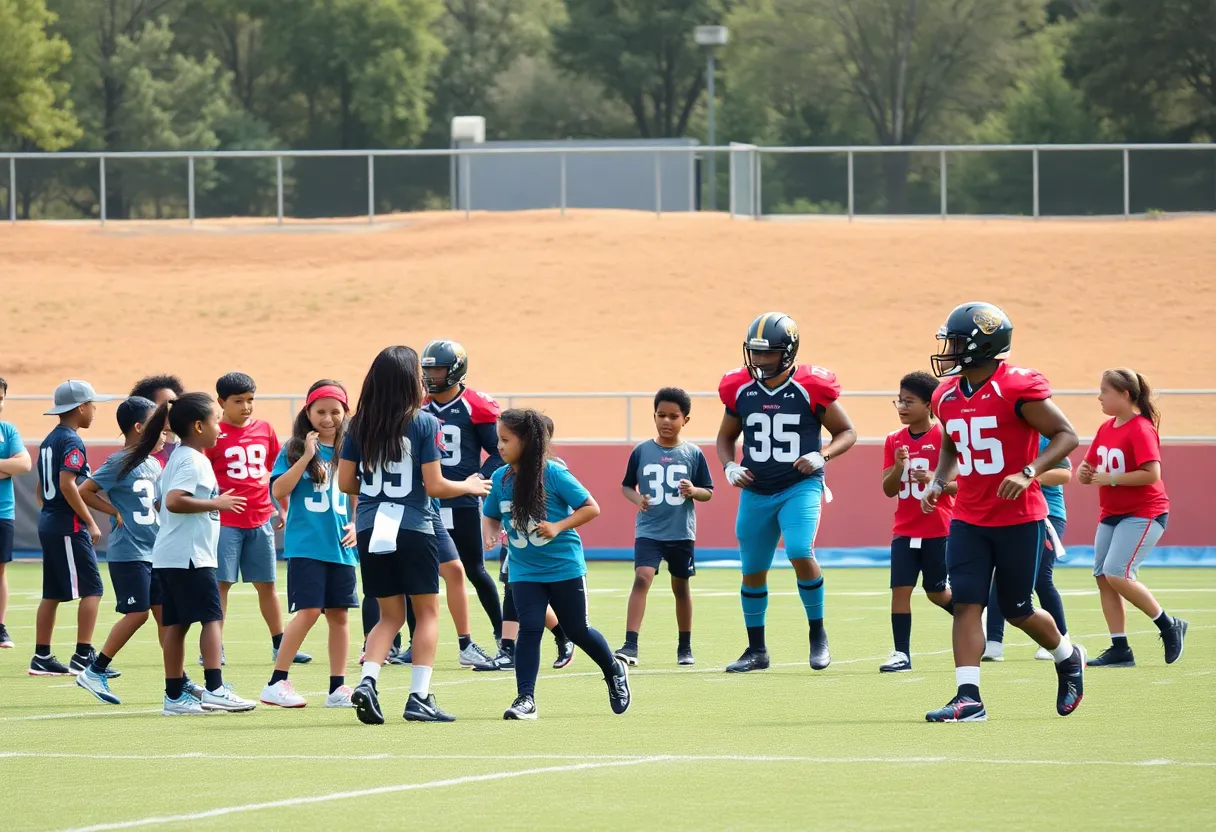 Elementary students training with Jaguars players