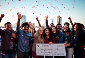 Group of people celebrating a lottery win in Jacksonville