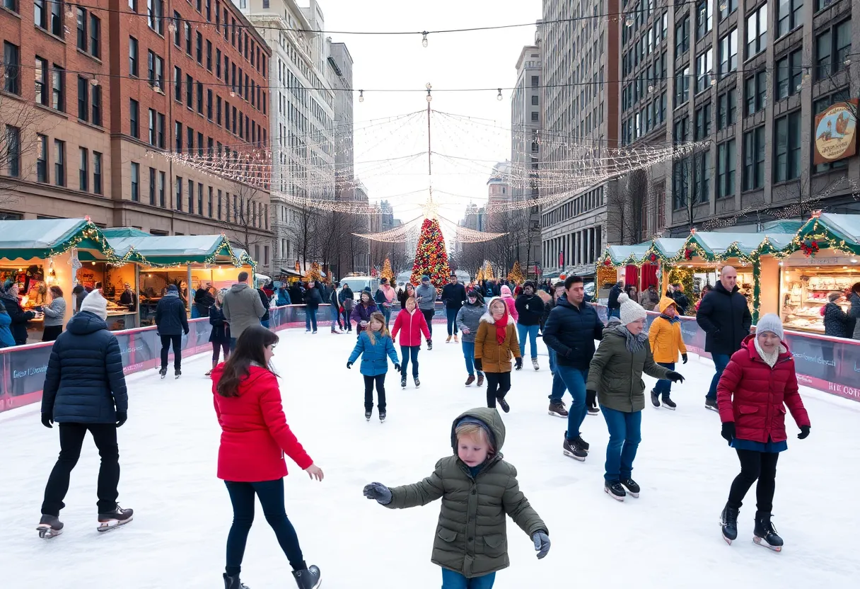 People skating at the outdoor ice rink in Jacksonville with holiday decorations