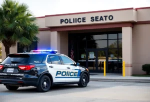 Exterior view of a police station with a patrol car in front.