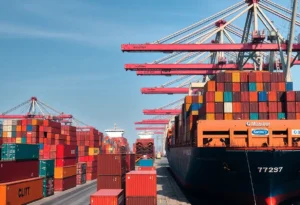 View of Jacksonville port with cargo ships and containers