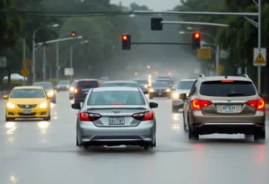 Cars on Jacksonville roads during heavy rain with caution signs.