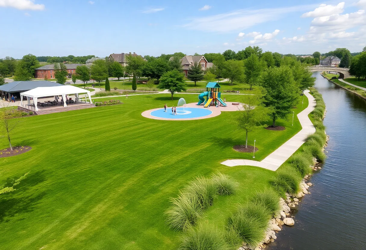 Aerial view of Jacksonville Riverfront Plaza featuring the event lawn and elevated playground