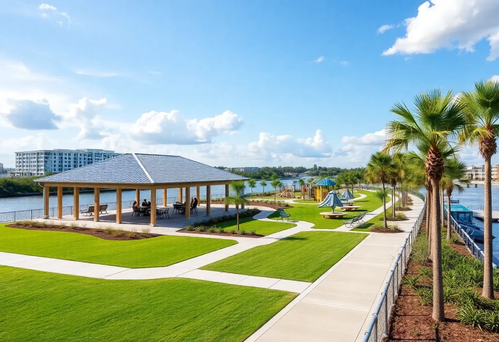Architectural rendering of Jacksonville's Shipyards West Park featuring event pavilion and Riverwalk.