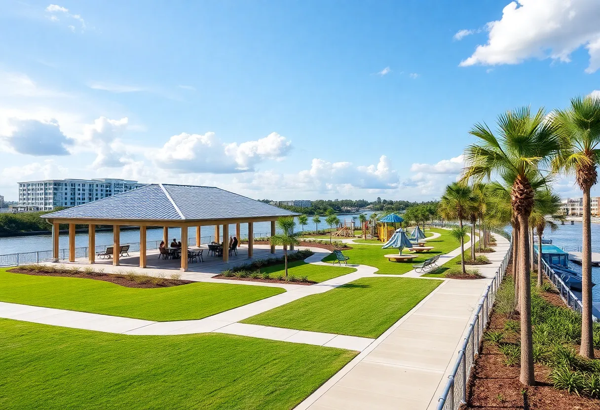 Architectural rendering of Jacksonville's Shipyards West Park featuring event pavilion and Riverwalk.