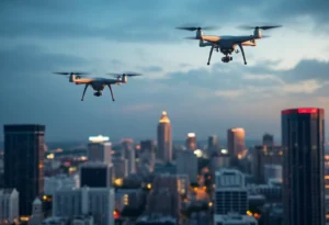 Aerial view of Jacksonville with drones in the sky representing technology advancement.