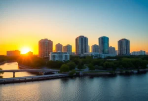 Aerial view of Jacksonville's Southbank with new high-rise buildings and the St. Johns River.