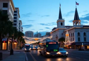 Cityscape featuring free ride options on New Year's Eve in Jacksonville and St. Augustine.