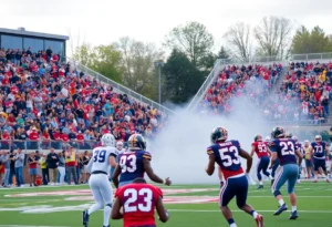 Dynamic college football scene with players in action and fans cheering.