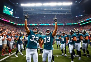 Jacksonville Jaguars players celebrating after a win on the football field