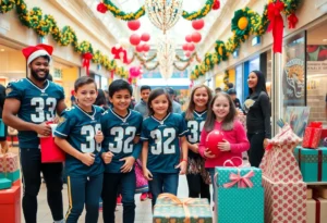 Jaguars players and cheerleaders helping children during holiday shopping event