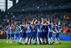 Jacksonville Jaguars team celebrating on field after winning against Denver Broncos