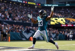 A Jaguars player celebrating a touchdown during a match against the Colts