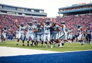 Jacksonville Jaguars team celebrates on the field after a victory.
