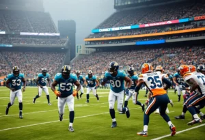 Football players from the Jaguars and Broncos teams compete on the field.