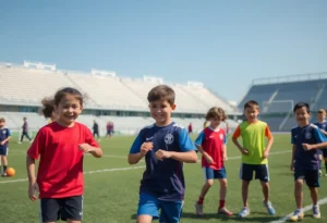 Elementary students engaging in football drills at EverBank Stadium