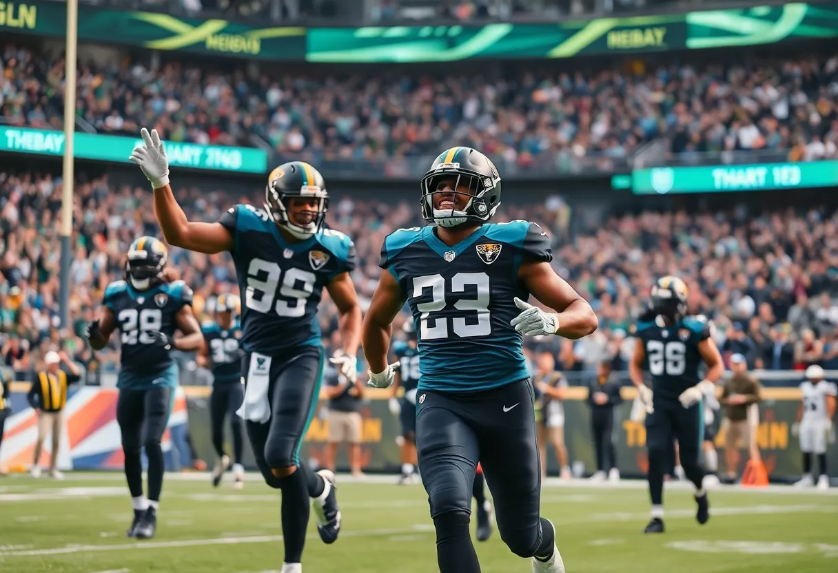 Jacksonville Jaguars players celebrating after winning against the Colts