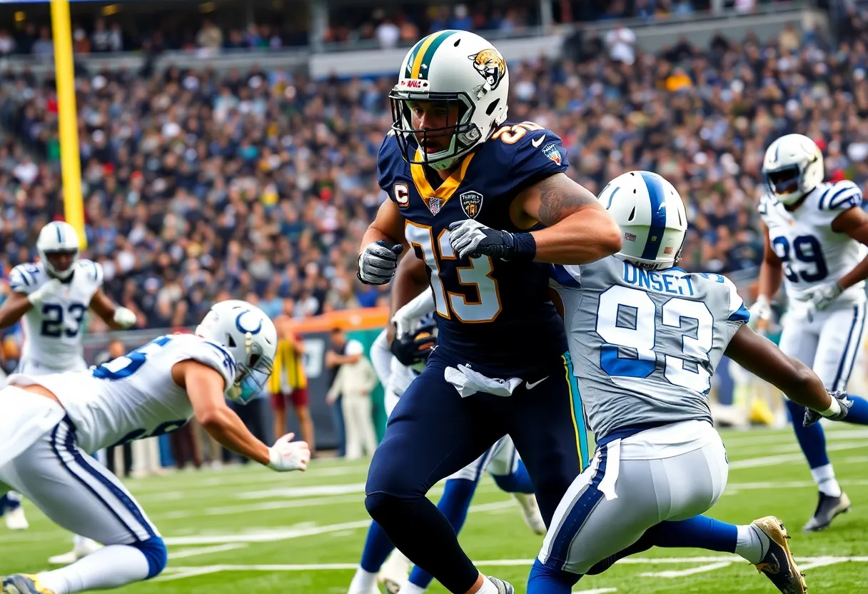 Jacksonville Jaguars players celebrating a touchdown in a game against the Indianapolis Colts.