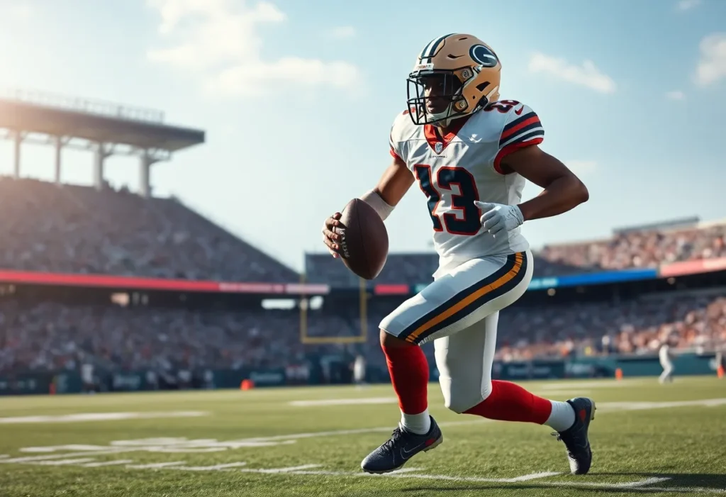 Wide receiver making a catch during a football game