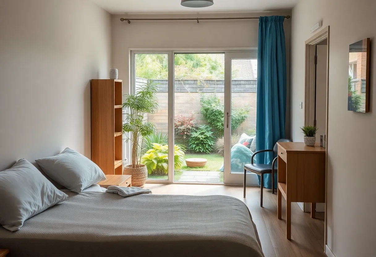 Room showing community confinement elements with garden view