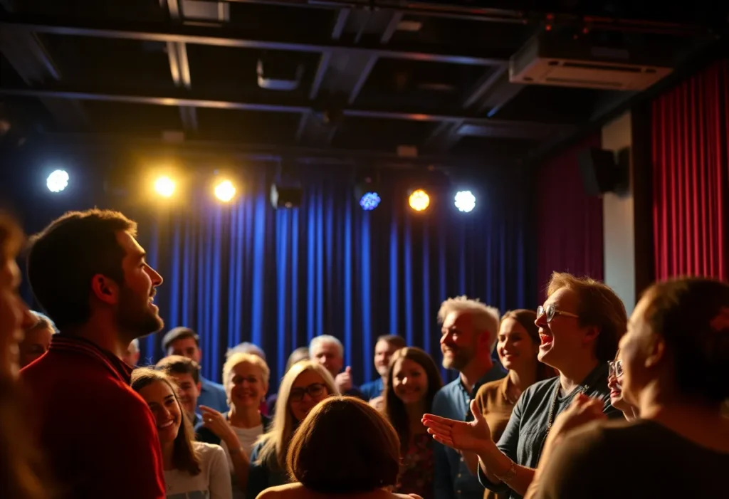 Audience enjoying a comedy show with a spotlight on the stage